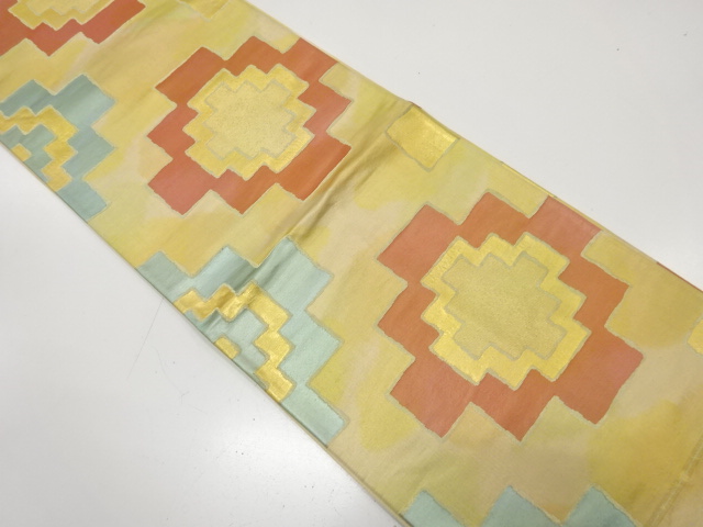 JAPANESE KIMONO / ANTIQUE FUKURO OBI / SILK / WOVEN GEOMETRIC